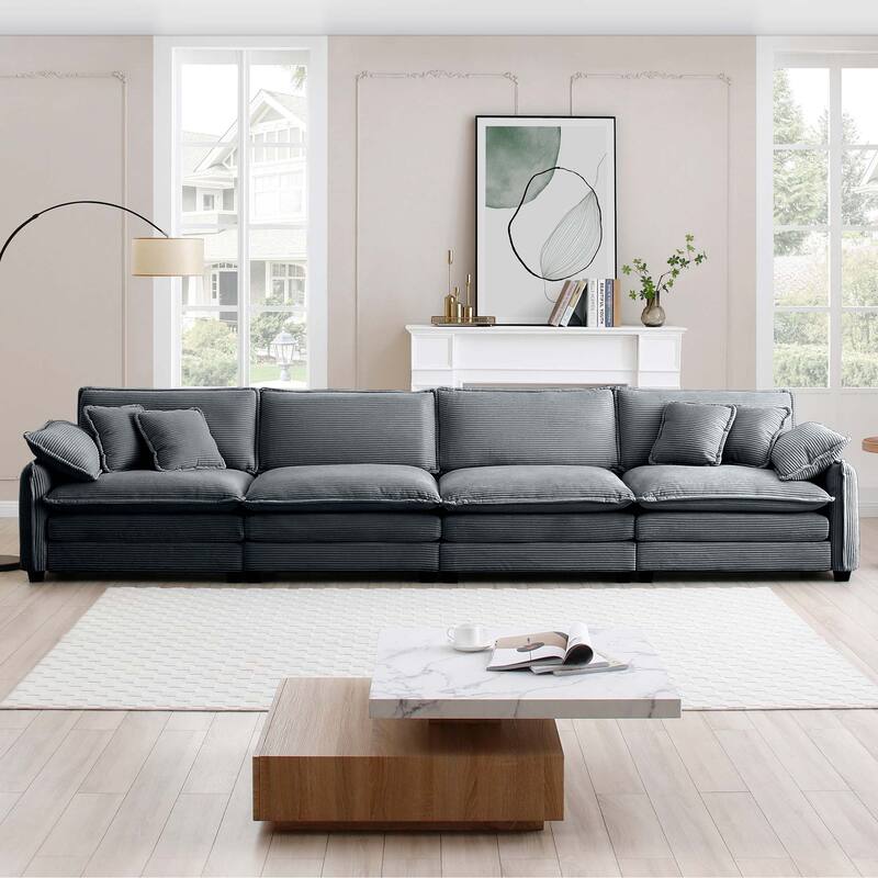 Grey 150" Corduroy 4-Seater Modular Sectional Sofa, 6 Pillows & Free Combination