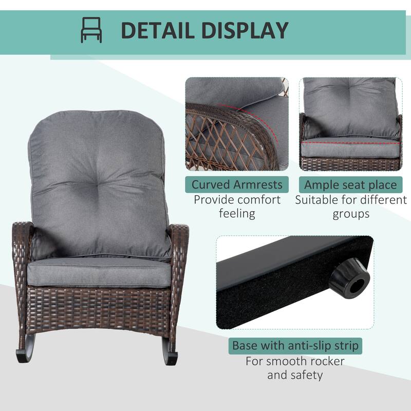 Outsunny Outdoor Wicker Rocking Chair with Widen Seat, Thickened Cushion, Rattan Rocker with Steel Frame
