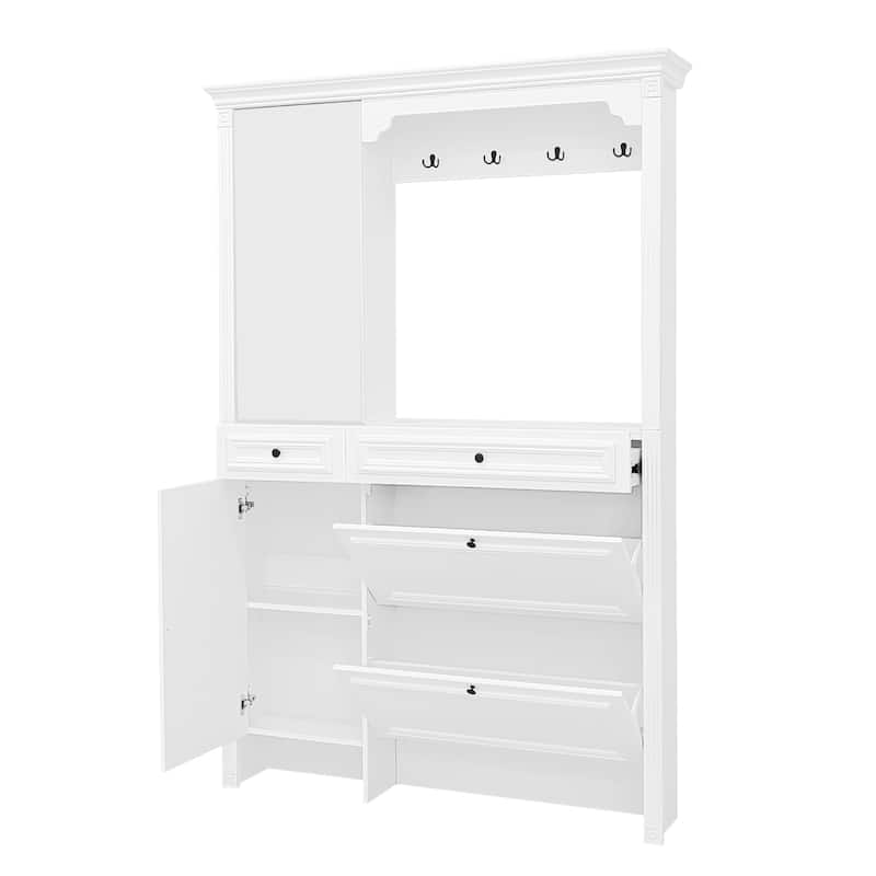 Anmytek White 54.7'' Hall Tree with Integrated Shoe Cabinet and Mirrored Cabinet Door