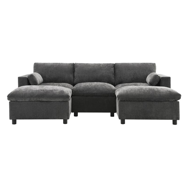 86.5" Chenille Modular Sofa with Storage Pockets, Movable Ottomans