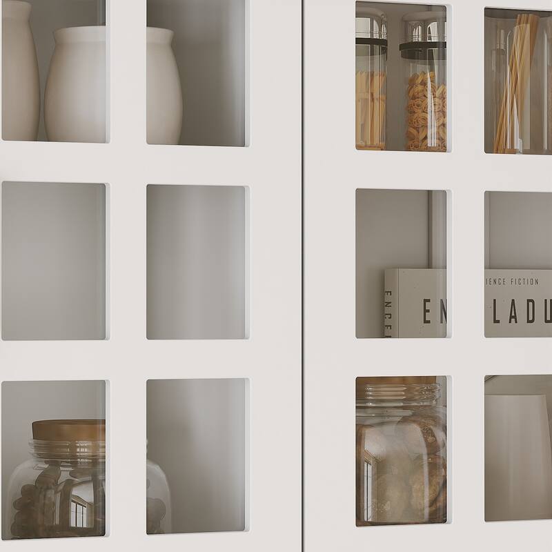 Multi-Functional White Kitchen Storage Cabinet with Drawers and Glass Doors, MDF & Metal Hardware