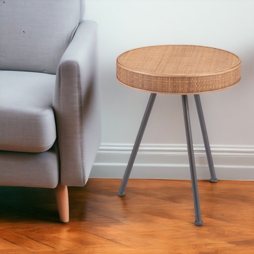 HomeRoots 23" Natural and Gray Rattan and Steel Round End Table - 19' X '23.2' X '19