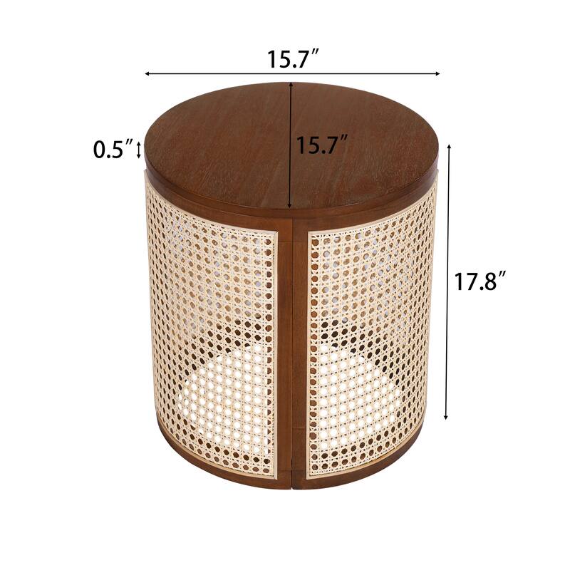 Roomfitters 15.7" Round End Table, Modern Hollow Woven Side Table with Solid Rubber Wood Tabletop and Rattan Accents