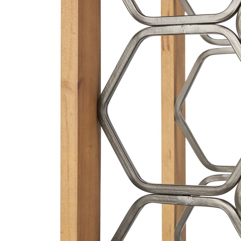 Brown Wood 11 or 8 Slot Geometric Wine Rack with Gray Metal Curved teardrop or Hexagon Holders