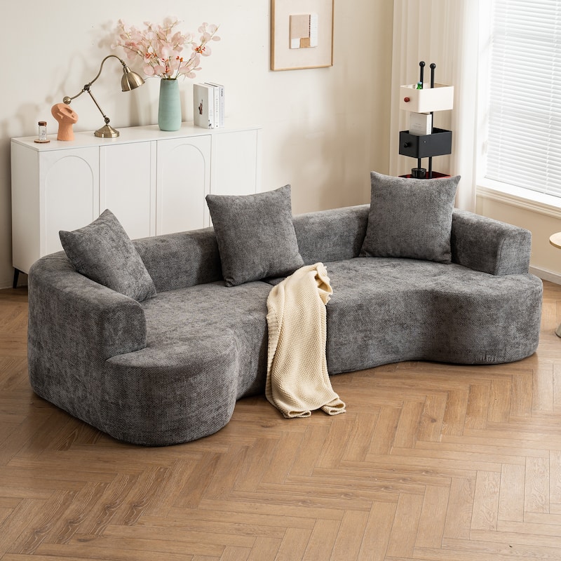Cotton & Linen Fabric Deep Seat Curved Sectional Sofa with Pillows - Grey