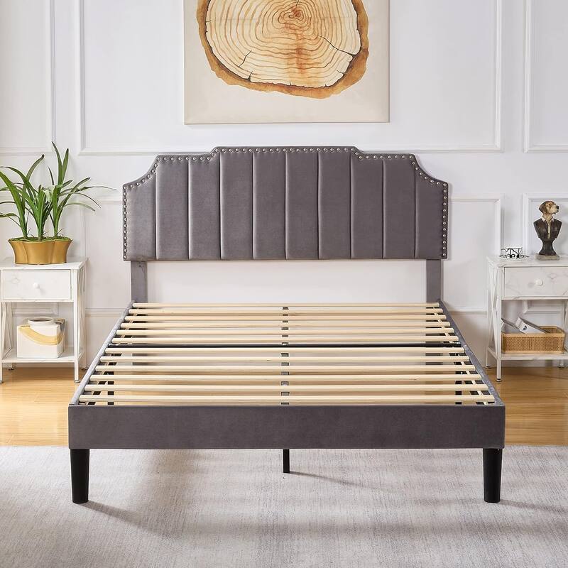 VECELO Upholstered Bed Frame with Nailhead Trim Adjustable Height Headboard, Twin/Full/Queen Size Bedframes