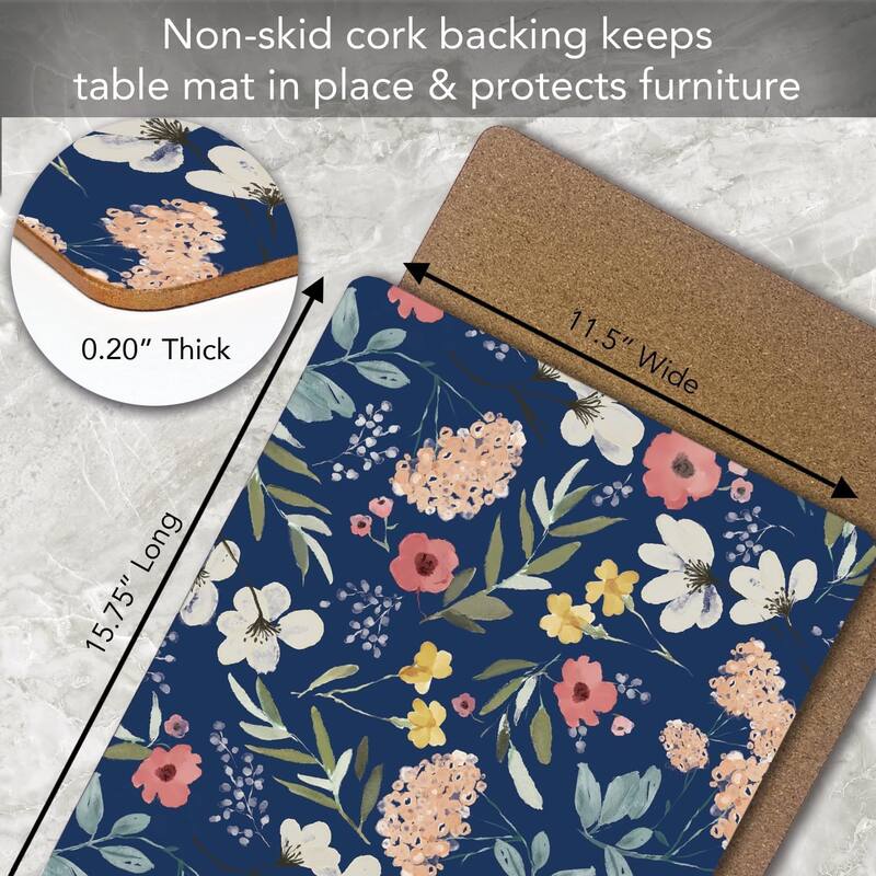 Meadow Blue Decorative Hardboard Placemats with Protective Cork Backing 4 Pack Heat Tolerant and Easily Wipes Clean