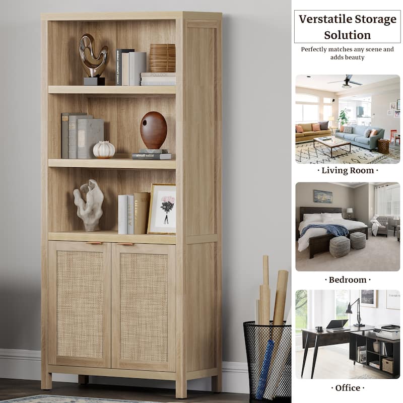 SICOTAS 5 Tier Adjustable Bookcase with Rattan Storage Cabinet