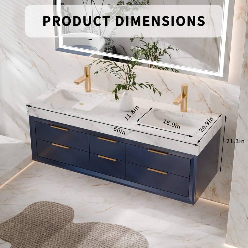 Modland 60" Modern Floating Bathroom Vanity with Double Sink, Soft-Close Drawers, White Stone Countertop