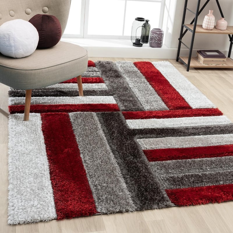 Luxe Weavers Shag Geometric Plush Area Rug, Indoor Carpet - 8x10 - Red