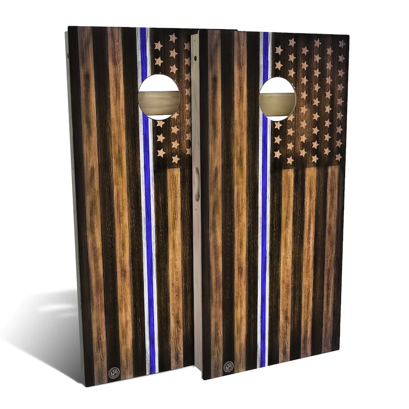 Charred EMS White and Blue Outdoor Cornhole Board Game - Backyard 2x4 - Include Hole Lights