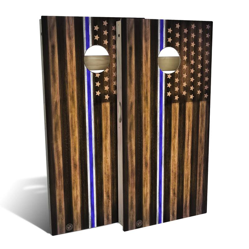 Charred EMS White and Blue Outdoor Cornhole Board Set - Backyard 2x4 - Include Edge Lights