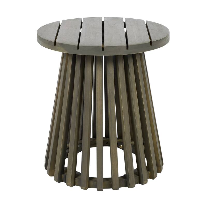 Roomfitters Round Outdoor Acacia Wood Side Table, Slatted Pedestal Base Accent Table for Patio and Balcony