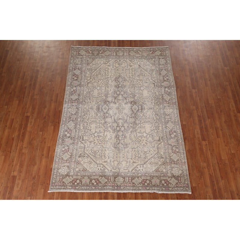 Distressed Tabriz Vintage Persian Rug Handmade Medallion Wool Carpet - 6'5" x 9'2"