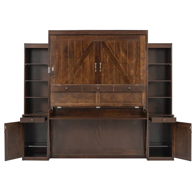 Queen Size Murphy Bed Heavy-Duty Murphy Bed Cabinet Bed with Desk Drawers open shelving Units Power Outlet and Side Cabinets