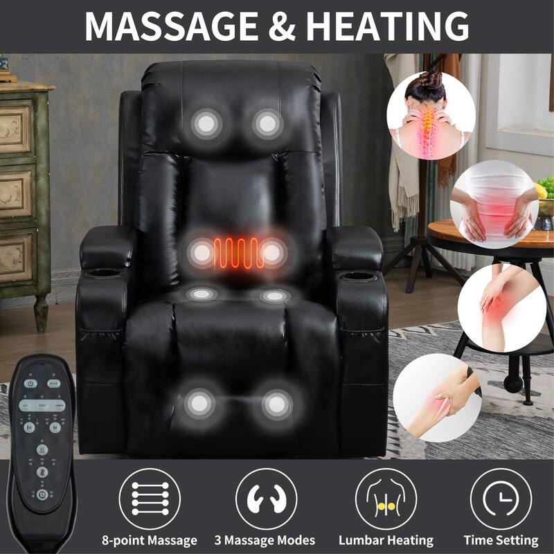 Black Elderly-Friendly Power Lift Recliner with Vibration Massage, Lumbar Heating, USB Port, and Cup Holders