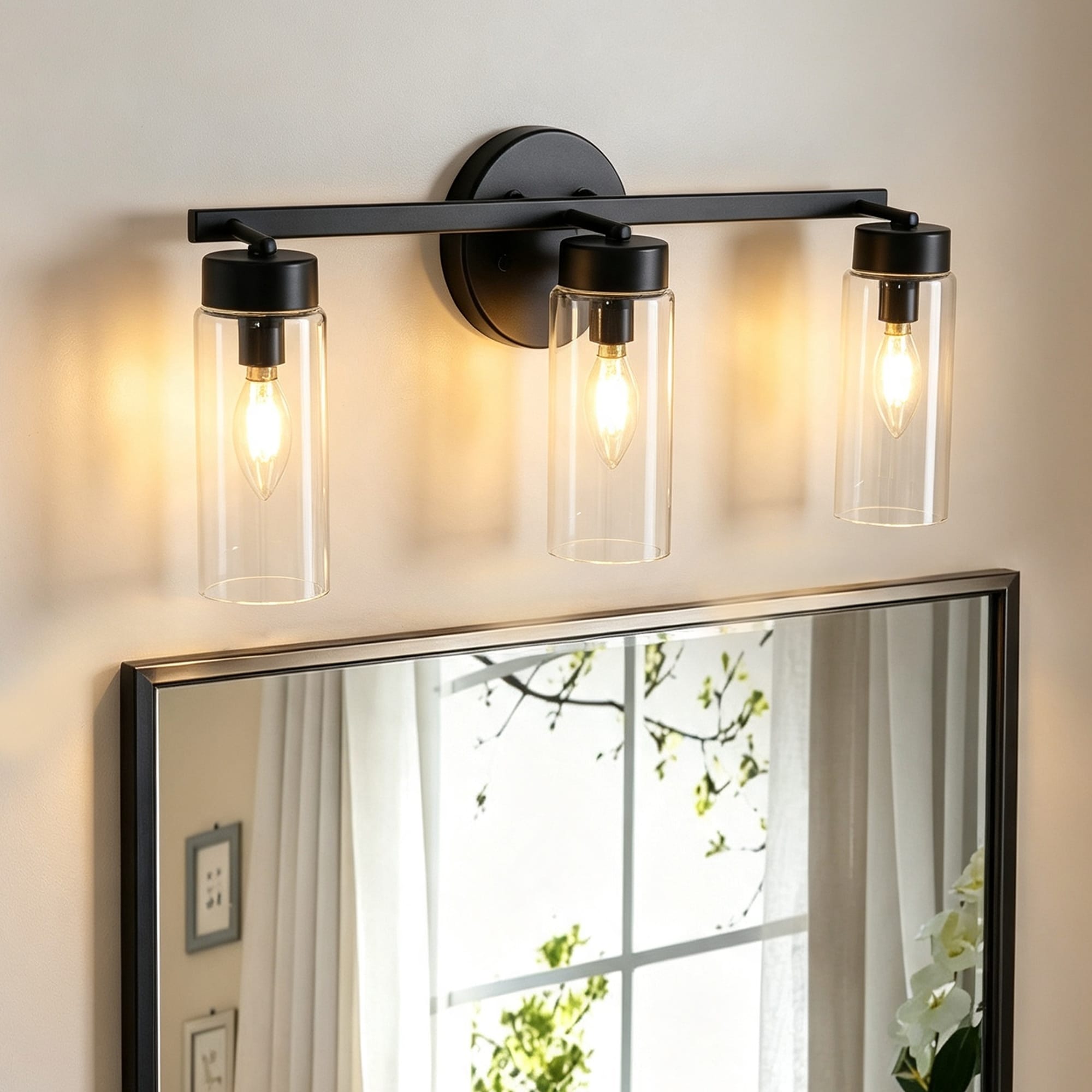Modern Industrial 22 in. 3-Light Matte Black Clear Cylinder Glass Bathroom Vanity Light