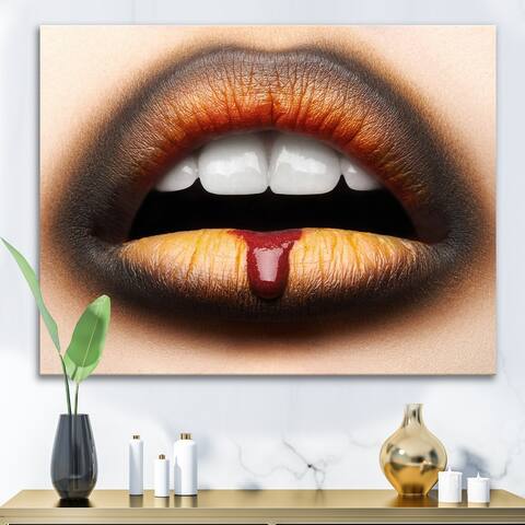 Designart 'Female Lips With Black & Orange Lipstick' Modern Canvas Wall Art Print