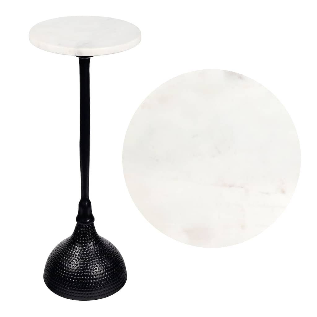 JONATHAN Y 23.75″ Metal Pedestal Drink, End Table w/ White Marble Round Top & Hammered Base