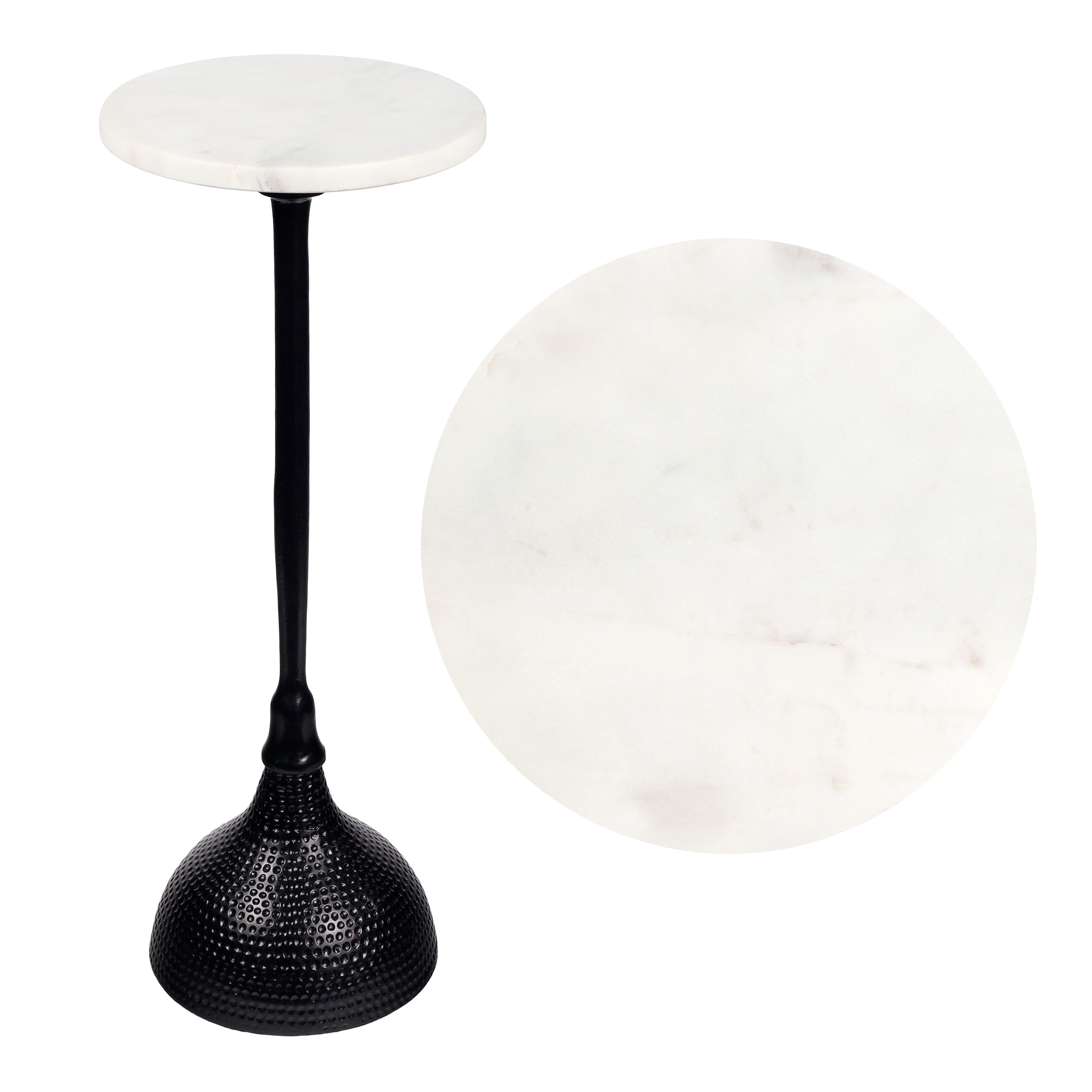Ava Contemporary Round Marble Top Drink Table, Hammered Metal Pedestal Martini Accent Side Table