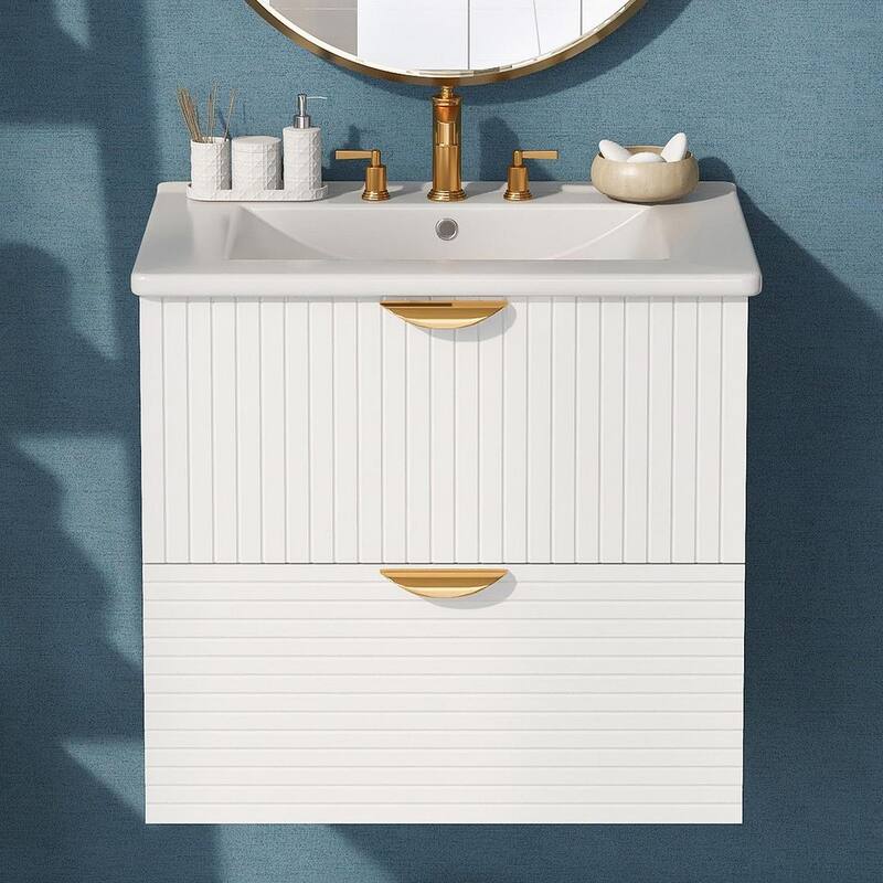24” Modern Wall Mounted Bathroom Vanity with Ceramic Sink and 2 Drawers