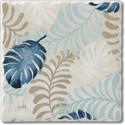 Absorbent Stone Tumbled Tile Coasters, Blue Havana Palm, Set of 4