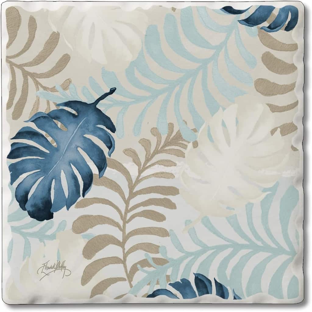 Absorbent Stone Tumbled Tile Coasters, Blue Havana Palm, Set of 4