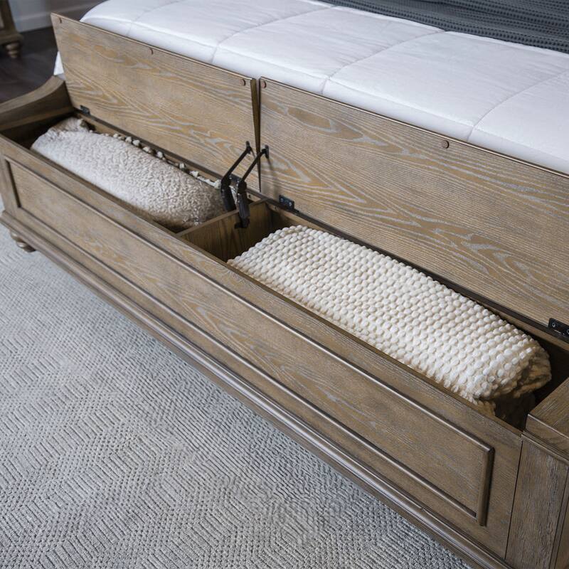 Furniture of America Rubb 3-Piece Aged Oak Wood Tufted Panel Bedroom Set with Storage Footboard Bench