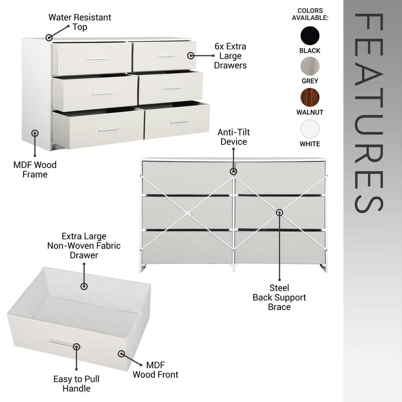 Modern Minimalist 6-Drawer Dresser with Large Fabric Drawers