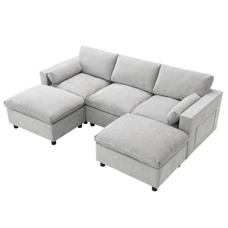 U-Shaped Modular Sectional Sofa, Modern 5 Seater Modular Sectional Couch with Movable Ottoman, Pillows, Storage Pockets