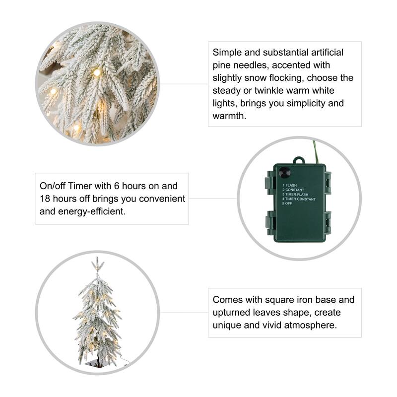 Glitzhome 2ft Pre-Lit Flocked Pine Artificial Christmas Tree With Lights and Timer