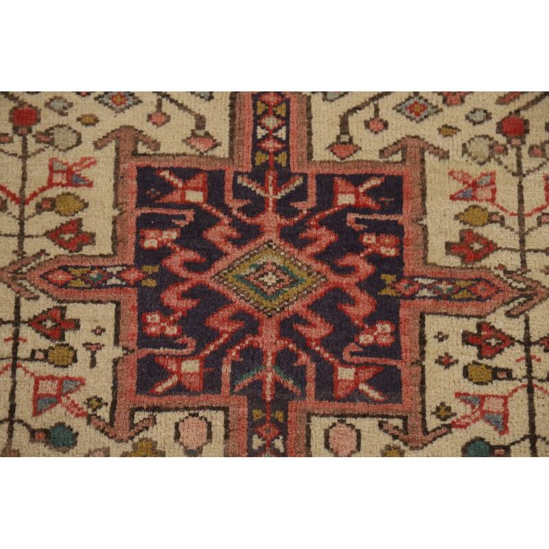 Hand Knotted Oriental 100% Wool Carpet Traditional Geometric Beige & Ivories Heriz Runner Rug - 10' 7'' X 3' 3''