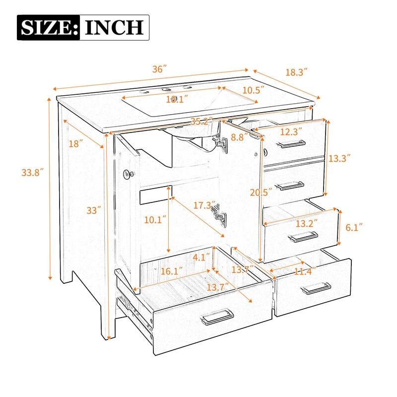36'' Bathroom Vanity with Ceramic Sink Combo,Freestanding Vanity Set with 4 Drawers& Soft Closing Doors, Black