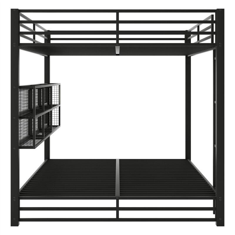 Queen Over Queen Size Bunk Bed with LED Light and Storage Cabinets, Metal Bunk Bed with Storage Shelves, Ladder and Guardrail