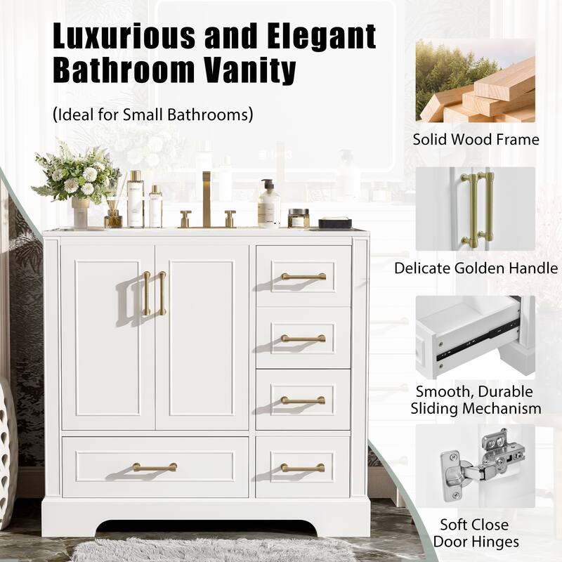 36" Traditional Bathroom Vanity with Ceramics Sink - White