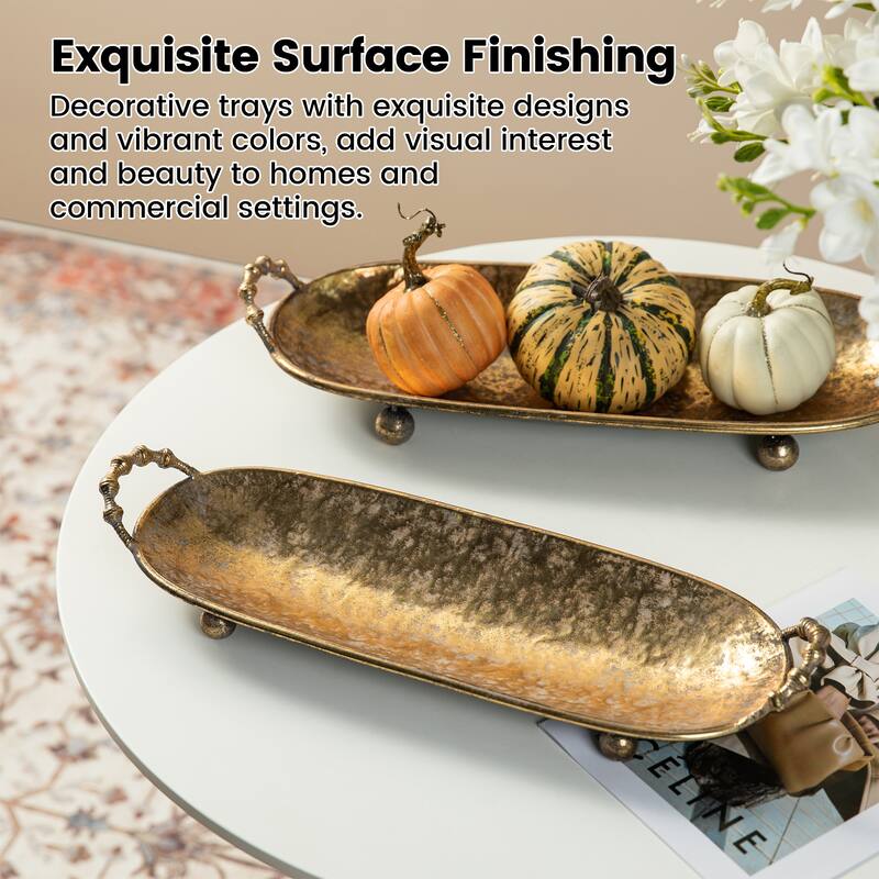 Glitzhome Set of 2 Rectangle Antique Wood Decorative Trays with Metal Handles