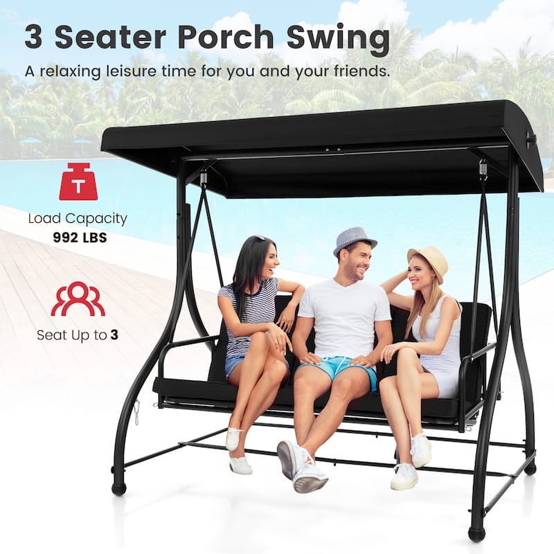 3 Seat Outdoor Porch Swing with Adjustable Canopy - 71" x 47" x 70"