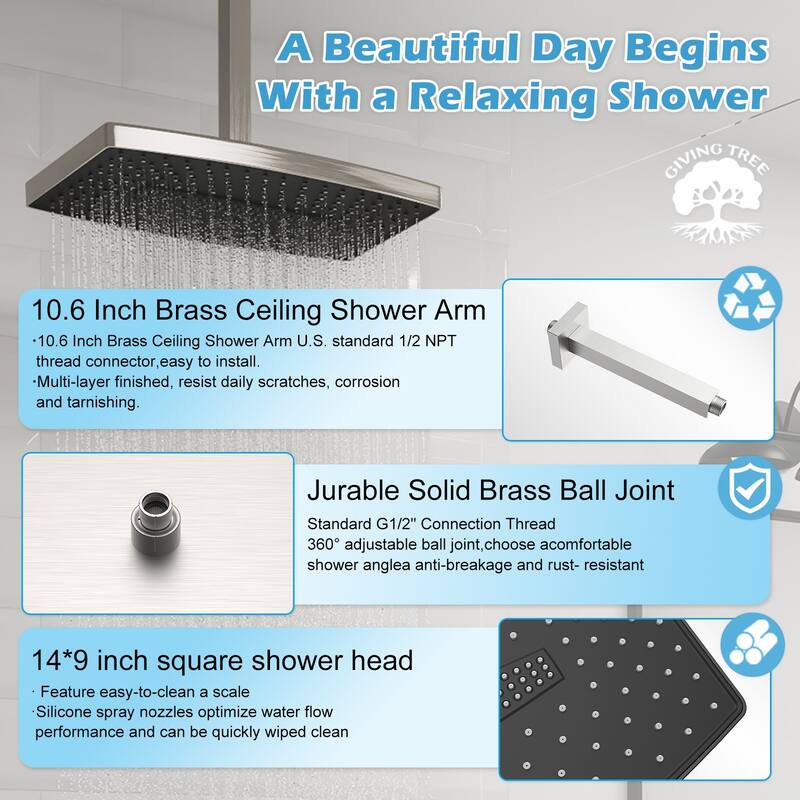GIVINGTREE Single Handle 3 Spray 14 In.rectangular Ceiling Mounted Shower Faucet With Valve