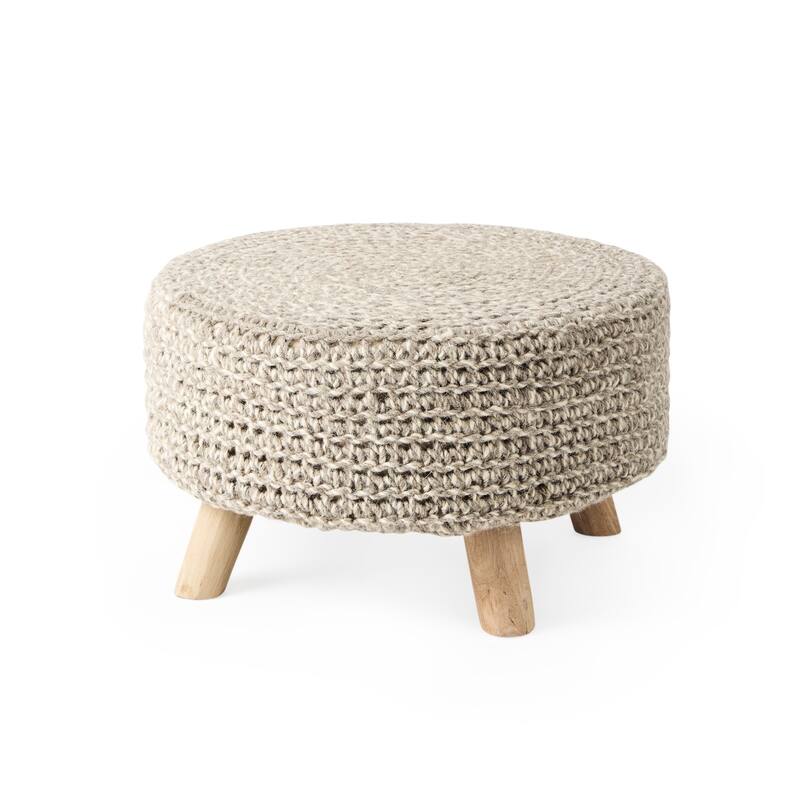 HomeRoots 24" Gray and Brown Wool Round Footstool