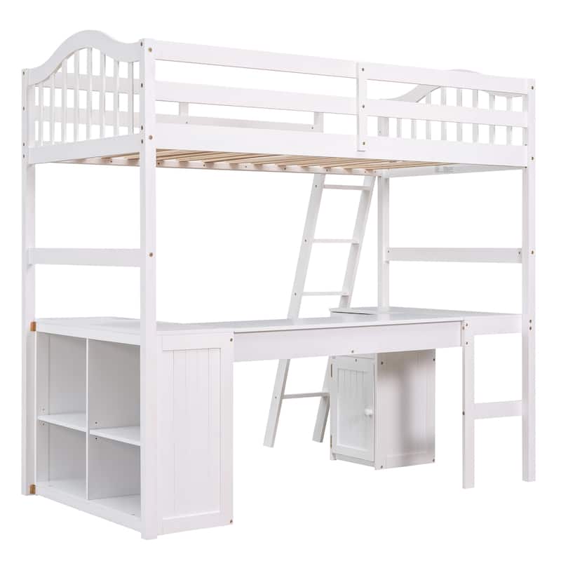 Twin Wooden Loft Bed with Desk and Shelves