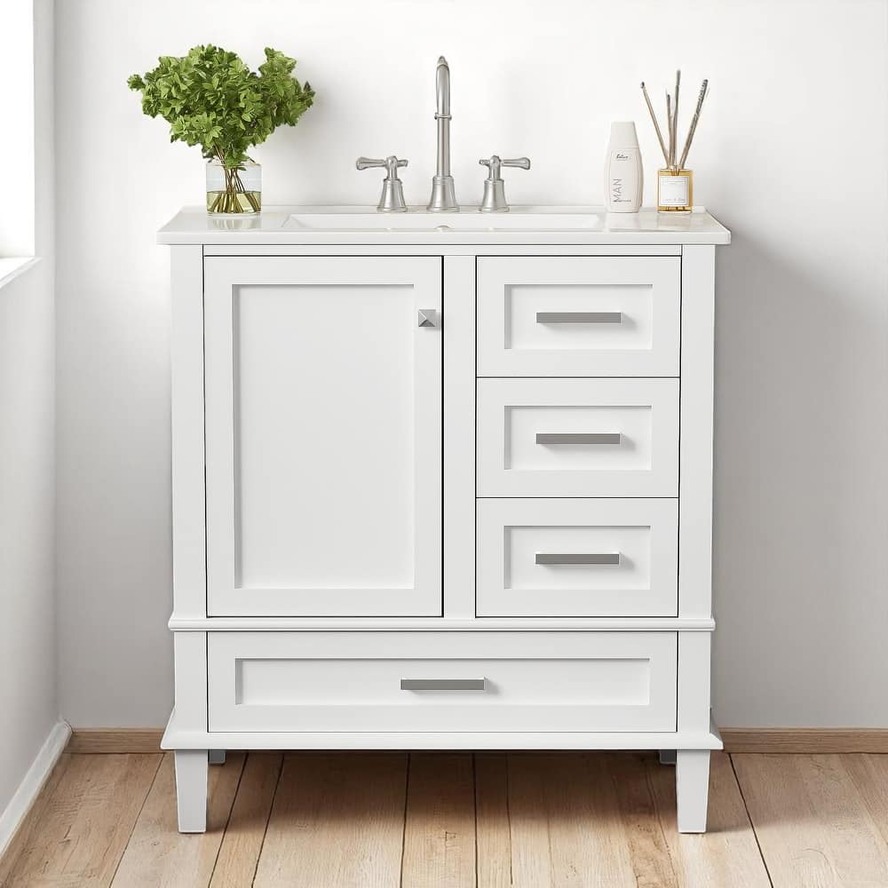 30" Modern Bathroom Vanity with Ceramic Sink, 3 Drawers, 1 Soft-Close Door, Solid Wood Frame