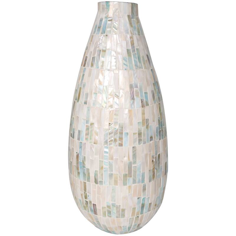 White Mother of Pearl Shell Handmade Mosaic Inspired Decorative Vase with Pastel Blue and Pink Accents