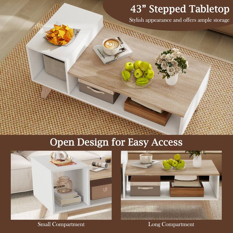 Gymax Coffee Table 43'' Center Table w/ Stepped Tabletop & Storage