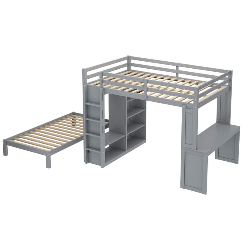 Queen Size Loft Bed & Twin Size Platform Bed Set, Wood Bunk Bed with Built-in Desk, Open Shelves and Wardrobe, Queen Over Twin