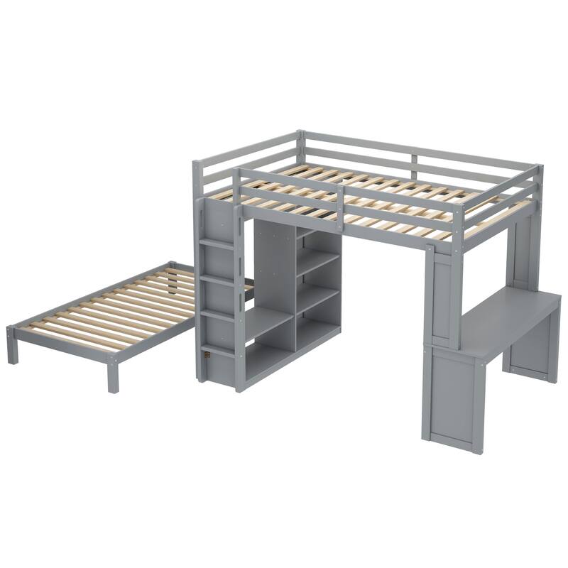 Roomfitters Full/Queen Solid Wood Bunk Bed with Dismountable Lower Bed, Desk, Shelves & Wardrobe, Convertible Loft