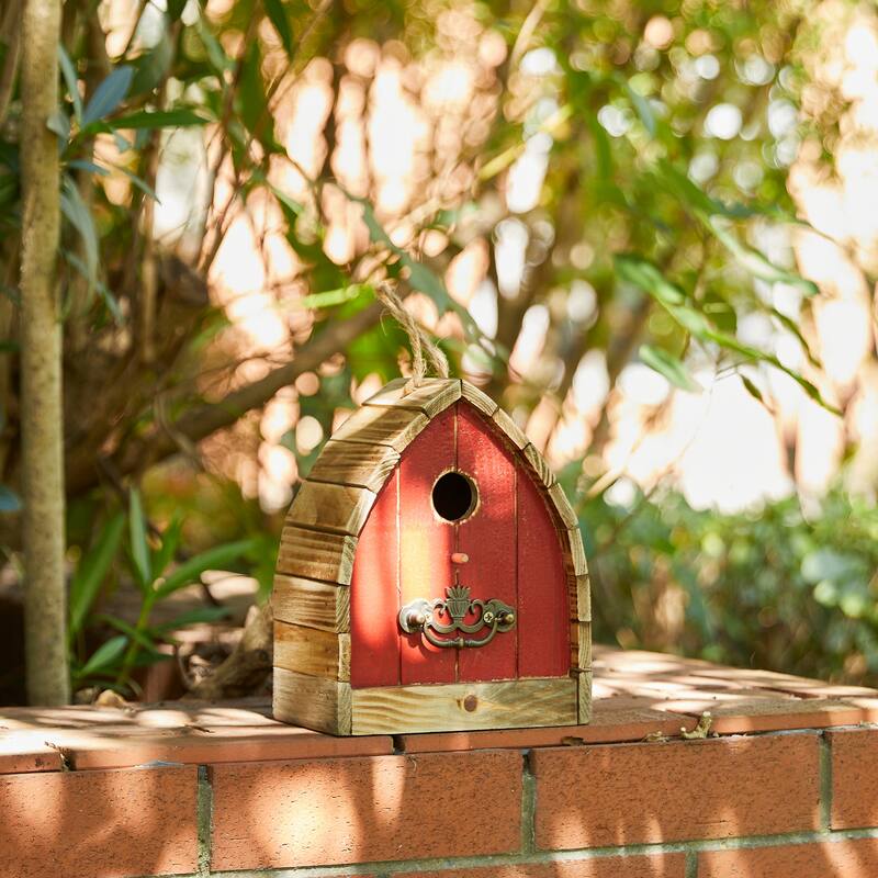Glitzhome 8.5"H Washed Red Distressed Solid Wood Birdhouse