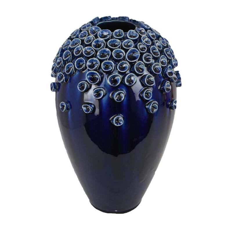 Decorative Vase, Glossy Deep Blue Ceramic, Coral Design, 15 Inch