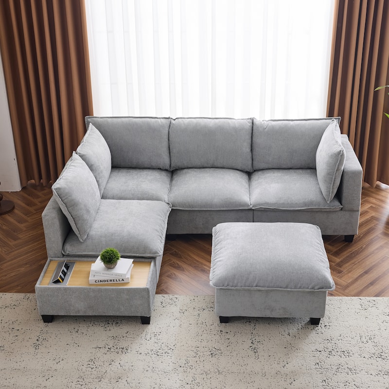90" U-shaped Sofa with Ottoman and Hidden Charging Coffee Table, Grey Chenille