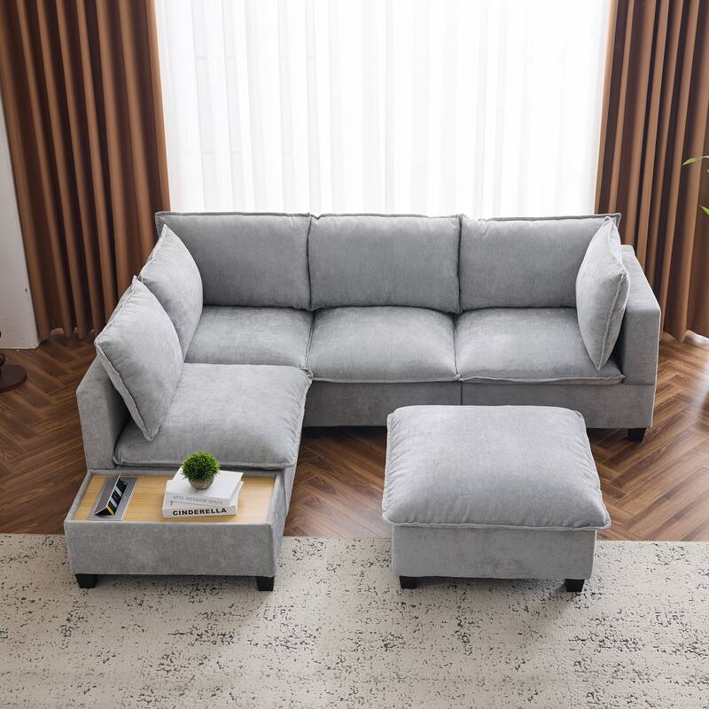 U-Shaped Sectional Sofa with Ottoman, Coffee Table with Hidden Charging Devices, Oversized Chenille Upholstered Cloud Sofa