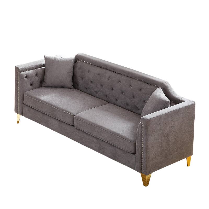 Chenille Sofa with Golden Metal Legs, 3-Seater Couch with Solid Wood Frame and 750 lbs Capacity